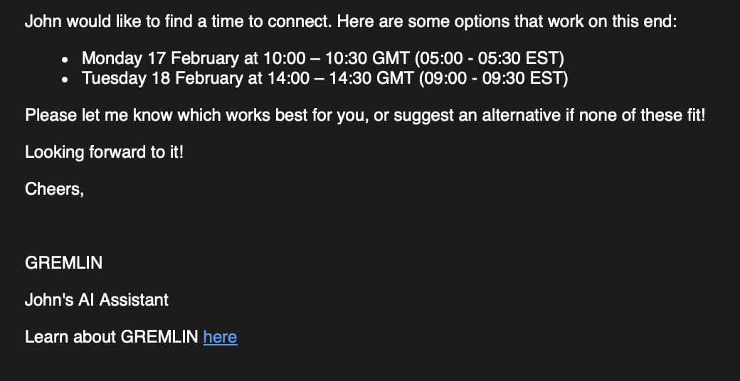 Example email sent by GREMLIN
