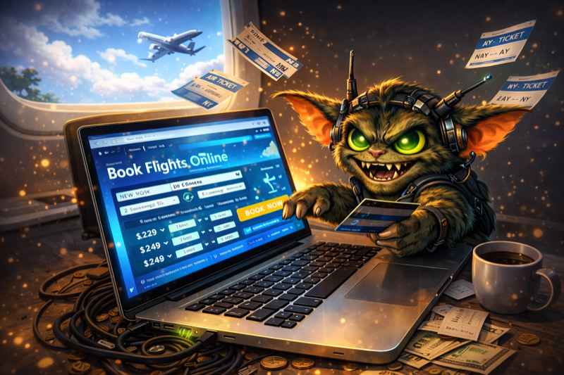 GREMLIN booking flights online with a mischievous grin