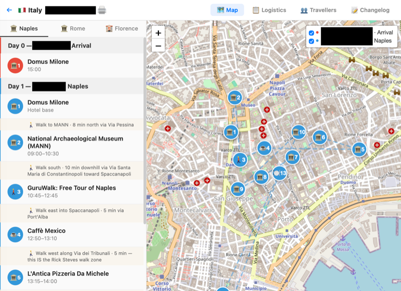 TripMap map view showing Naples itinerary with numbered stops